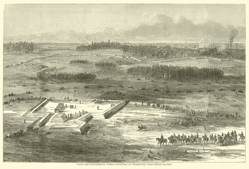 Unie en Confederale werken ten zuidwesten van Petersburg, vanaf het seinstation, maart 1865 door American School