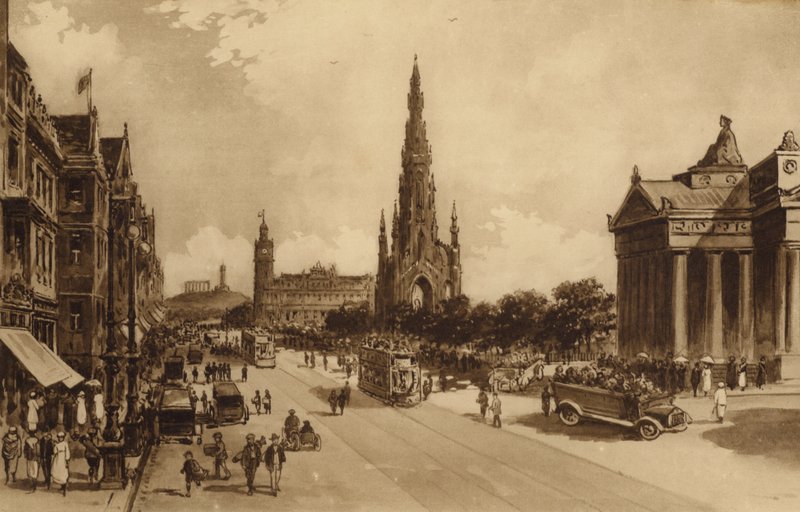 Edinburgh: Princes Street vanaf de Mound door Andrew Allan