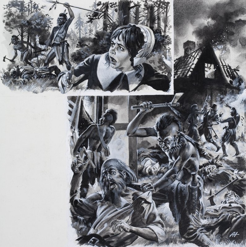 Indiaanse aanvallen op migrantenkolonisten (gouache op papier) door Andrew Howat