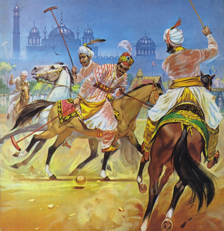 Een Moghul keizer die polo speelt (kleurenlitho) door Angus McBride