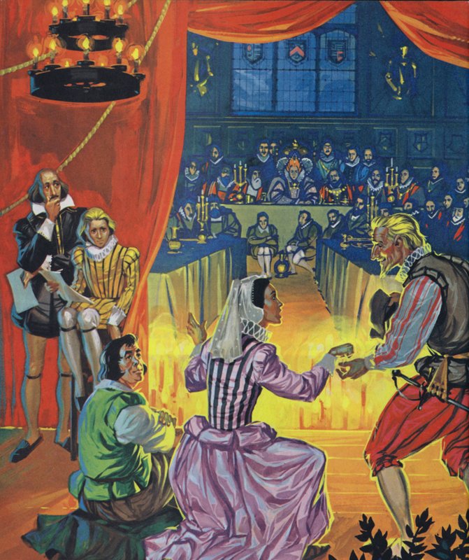 Een opvoering van Twelfth Night voor koningin Elizabeth I, met Shakespeare luisterend achter het gordijn (kleurenlitho) door Angus McBride