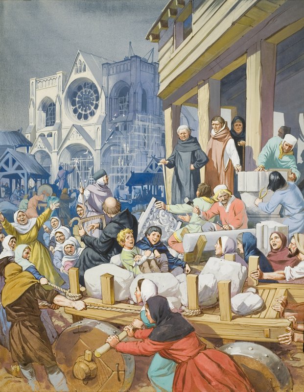 Abt Suger (ca.1081-1151) en de bouw van de abdij van St Denis (gouache op papier) door Angus McBride