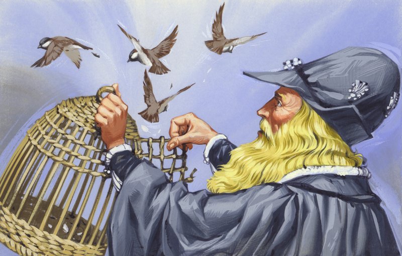 Leonardo Da Vinci, die gekooide vogels kocht om ze vrij te laten (gouache op papier) door Angus McBride