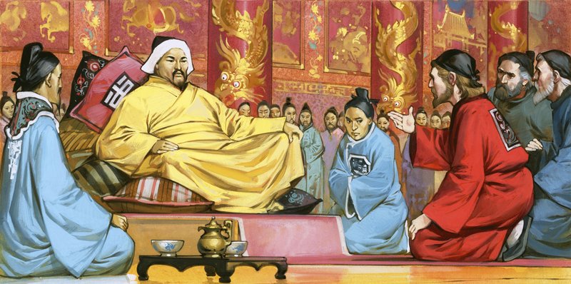 Marco Polo aan het hof van Kublai Khan, 20e eeuw (gouache op papier) door Angus McBride