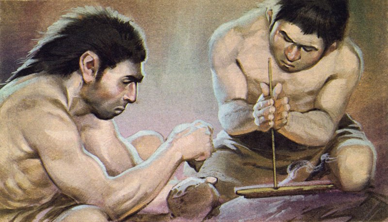Prehistorische man maakt vuur (kleurenlitho) door Angus McBride