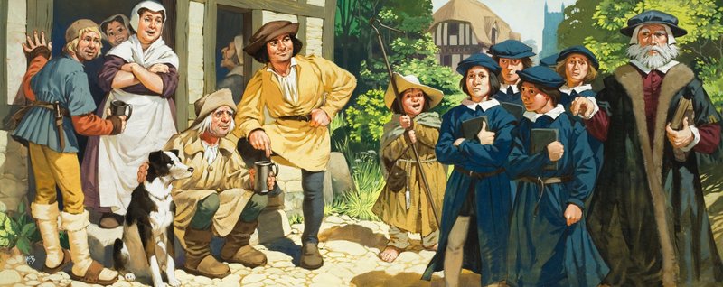 Schoolkinderen en hun meester (gouache op papier) door Angus McBride