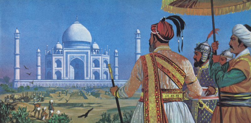 Shan Jahan kijkt toe bij de bouw van de Taj Mahal (kleurenlitho) door Angus McBride