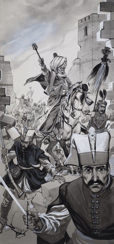 De val van Constantinopel (gouache op papier) door Angus McBride
