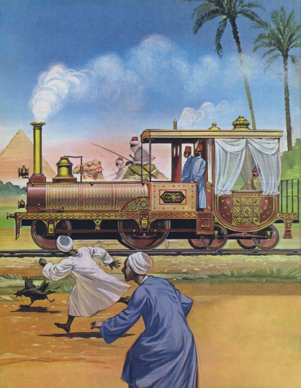 De Khedive van Egypte liet een locomotief en koets bouwen in Engeland in 1862 (kleurenlitho) door Angus McBride