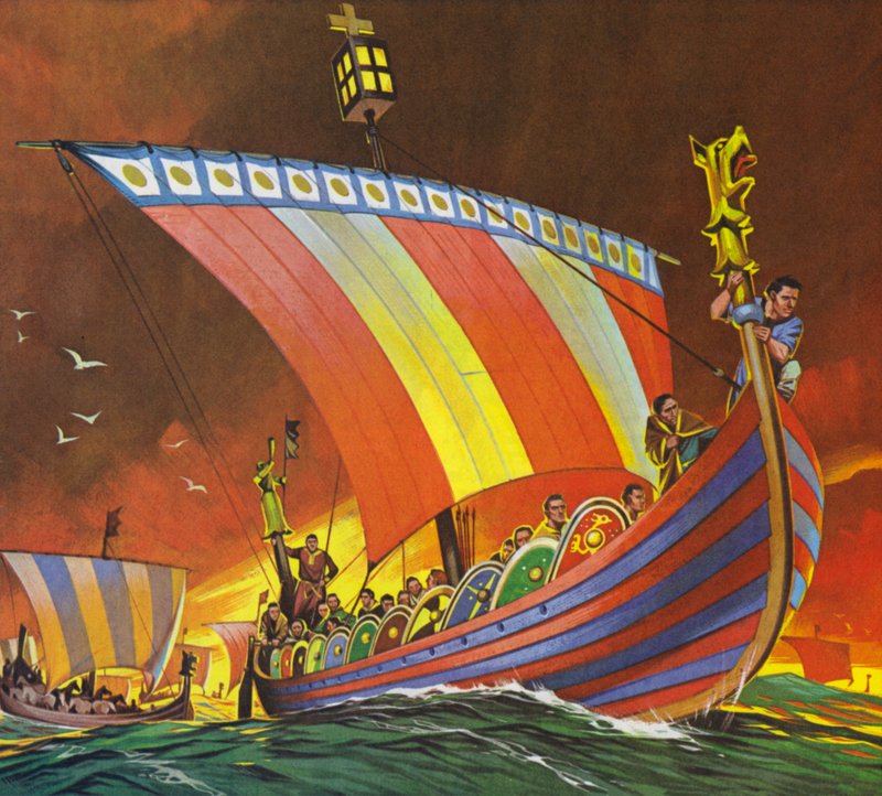 De Noormannen steken het Kanaal over naar Hastings (kleurenlitho) door Angus McBride