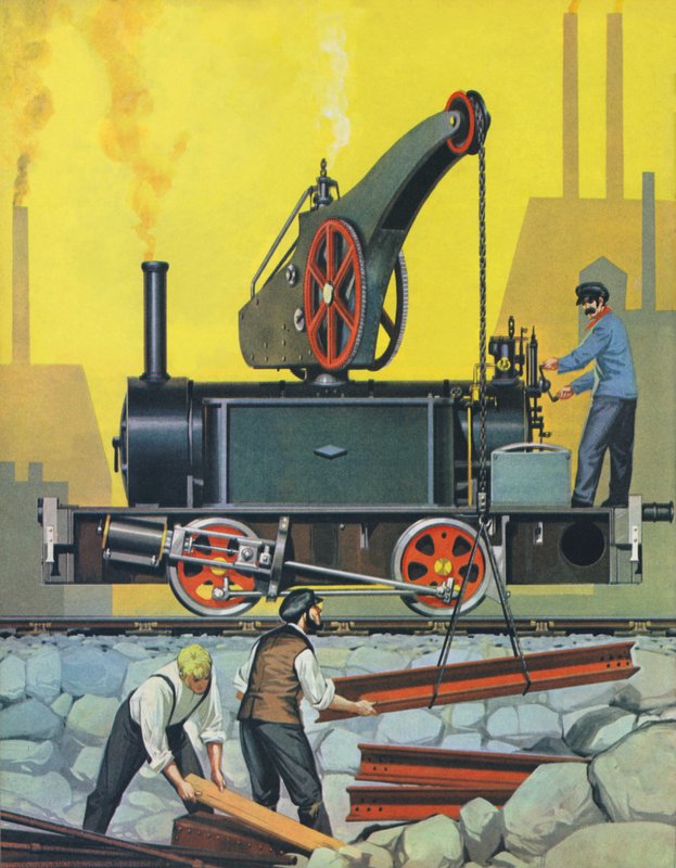 De kraanmachine, gebouwd in Glasgow in 1868 en een van de eerste in zijn soort (kleurenlitho) door Angus McBride