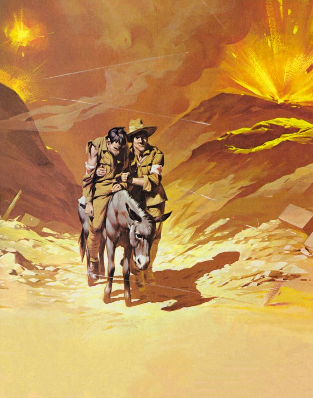 De man met de ezel, John Simpson (kleurenlitho) door Angus McBride