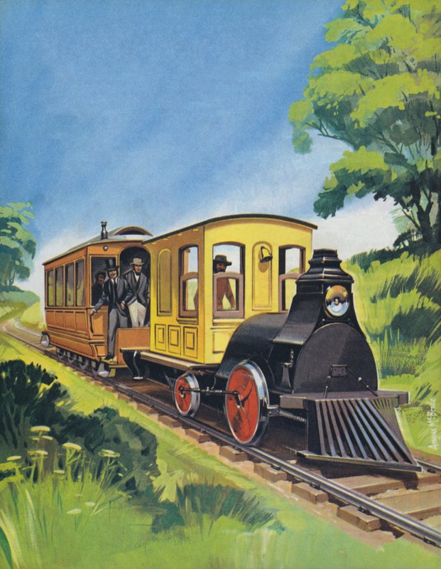 Thomas Edisons elektrische trein, gebouwd in 1882 (kleurenlitho) door Angus McBride