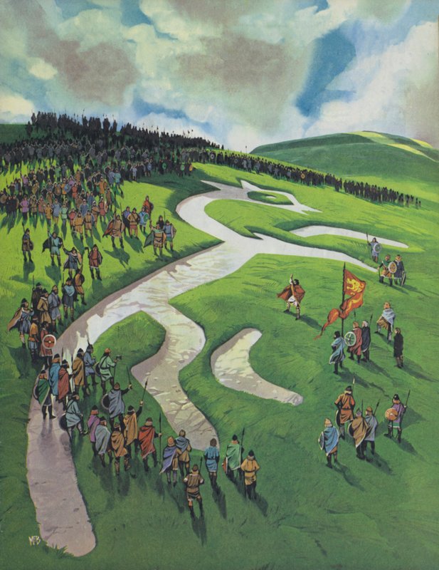 Uffington White Horse, gebouwd door Alfred De Grote na de slag bij Ashdown tegen de Denen (kleurenlitho) door Angus McBride