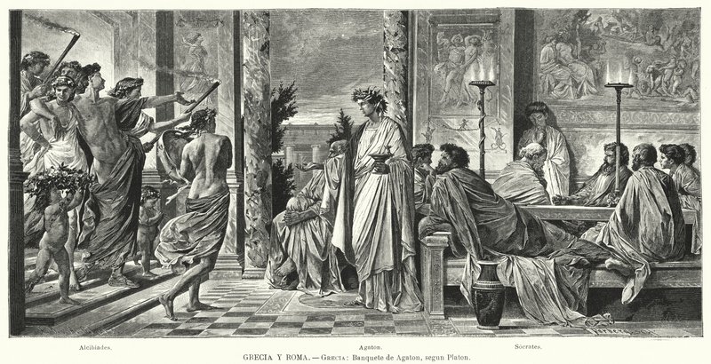 Banket van Agathon, Oud Griekenland, volgens Plato (litho) door Anselm Feuerbach