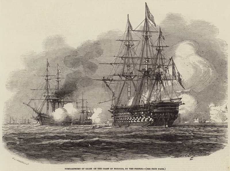 Bombardement van Salee aan de kust van Marokko, door de Fransen door Antoine Leon Morel Fatio