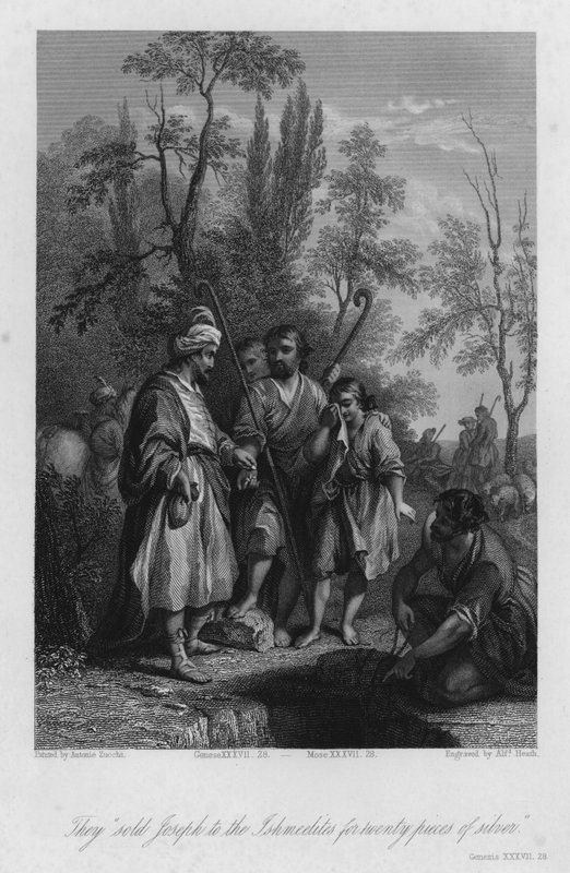 Jozef verkocht aan de Ismaëlitische kooplieden, Genesis XXXVII, 28 (gravure) door Antonio Zucchi
