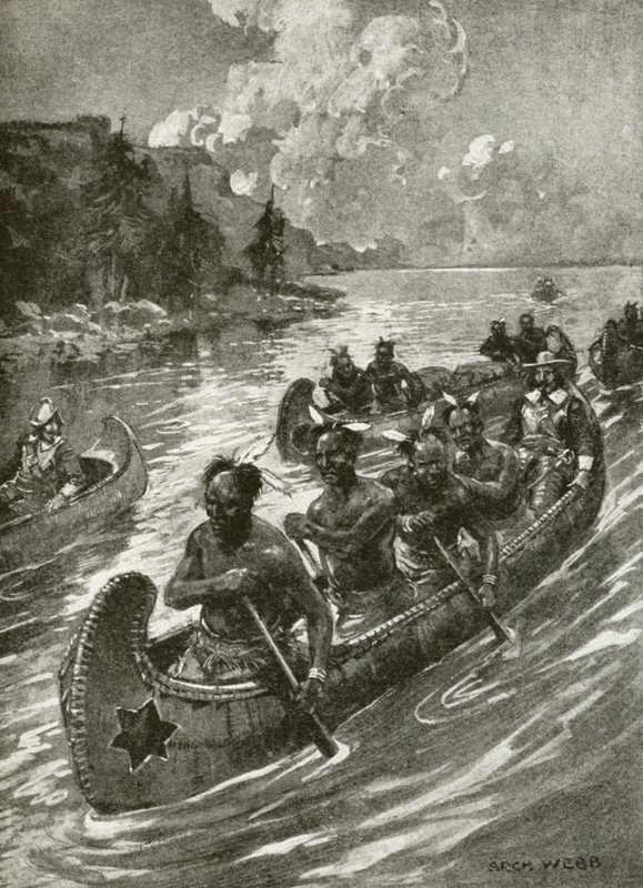 Samuel De Champlain in 1608 die de St. Lawrence rivier opgaat in de kano