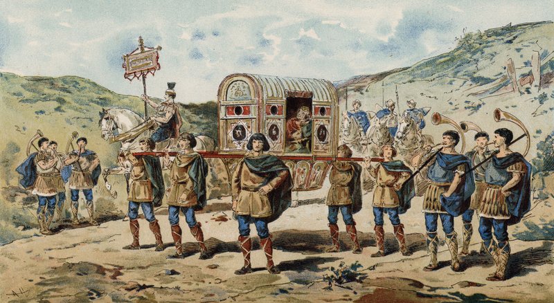 Draagstoel met Begeleiding, Vergezeld door Buccina Spelers. Tijd van Karel de Grote, 9e Eeuw door Armand Jean Heins