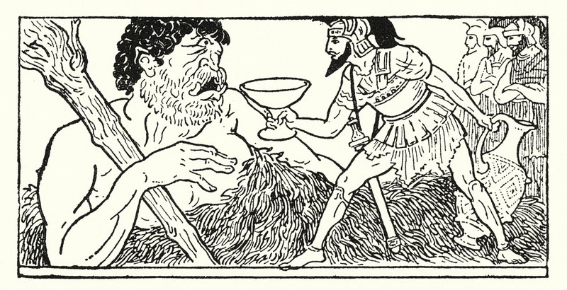 Odysseus biedt een beker wijn aan de reus Polyphemus aan door Armand Joseph Bonamy