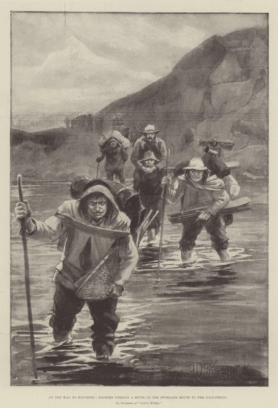 Op Weg naar Klondike, Pakkers steken een Rivier over op de Overland Route naar de Goudvelden door Arthur David McCormick