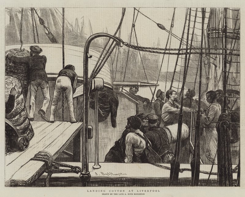 Katoen lossen in Liverpool door Arthur Boyd Houghton