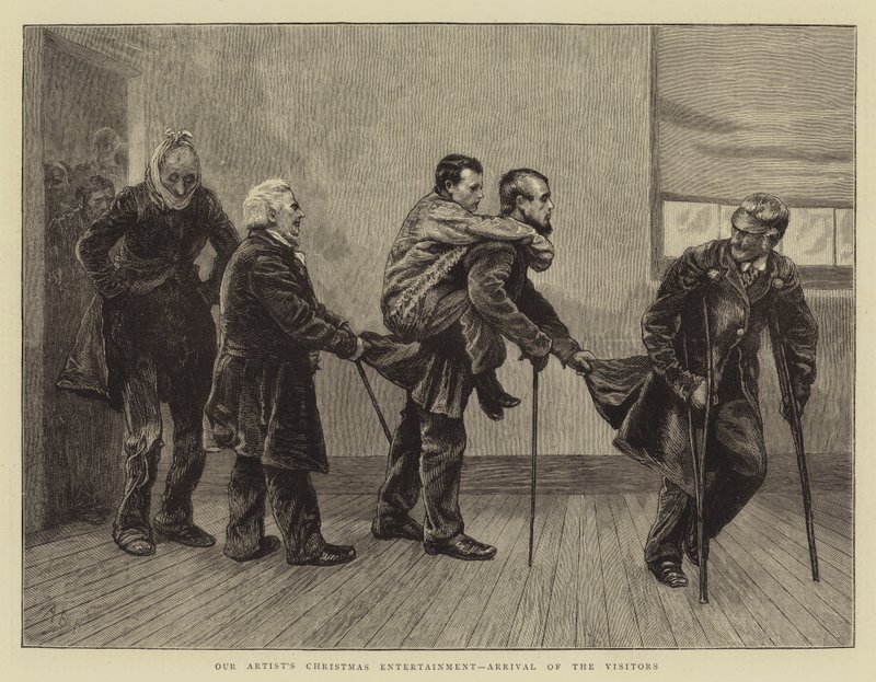 Kerstentertainment van Onze Kunstenaar, Aankomst van de Bezoekers door Arthur Boyd Houghton