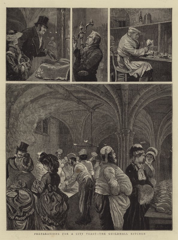 Voorbereidingen voor een stadsfeest, de keuken van het Guildhall door Arthur Boyd Houghton