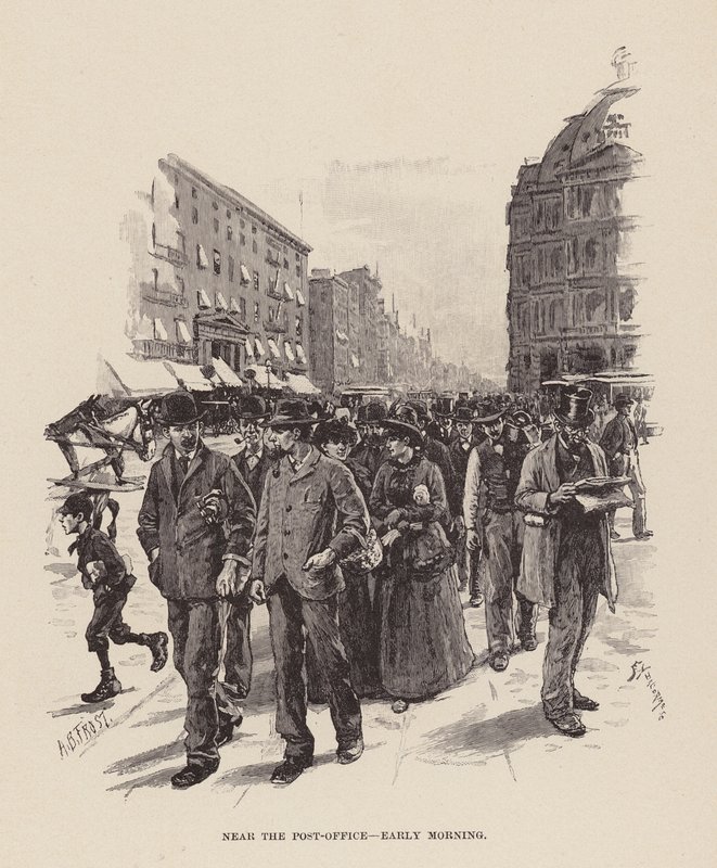 Nabij het Postkantoor, vroege ochtend (gravure) door Arthur Burdett Frost