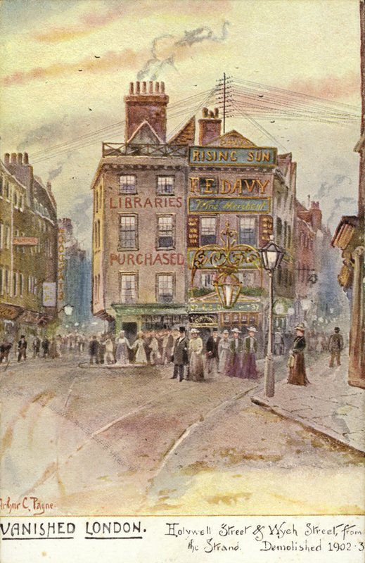 Verdwenen Londen - Holywell Street en Wych Street, vanaf de Strand door Arthur Charles Payne