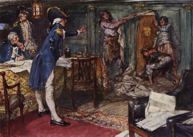 Nelson laat de kist die Kapitein Hallowell hem gaf tegen de schot van zijn hut plaatsen door Arthur David McCormick