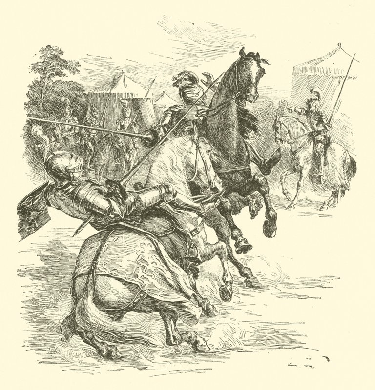 De Legende van Britomart, Het Toernooi (gravure) door Arthur George Walker