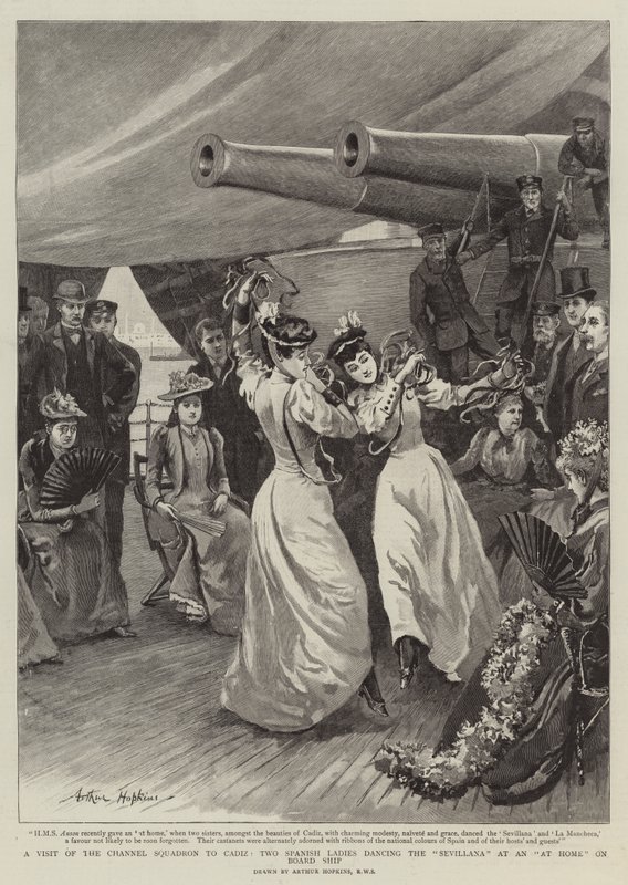 Een Bezoek van het Kanaalsquadron aan Cadiz, Twee Spaanse Dames dansen de Sevillana aan boord van het schip door Arthur Hopkins