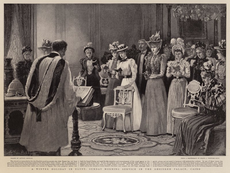 Een Wintervakantie in Egypte, Zondagochtenddienst in het Ghezireh Paleis, Caïro door Arthur Hopkins