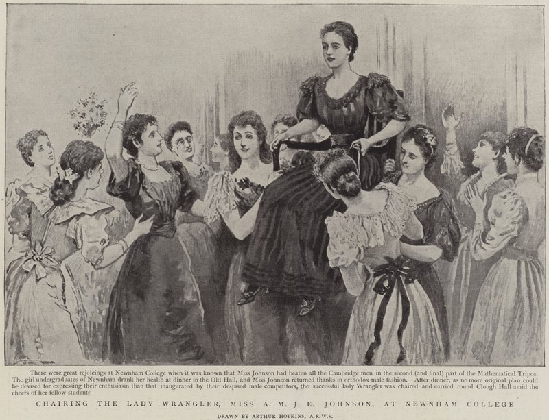 De dame Wrangler, Miss A M J E Johnson, wordt rondgedragen op Newnham College, Cambridge door Arthur Hopkins