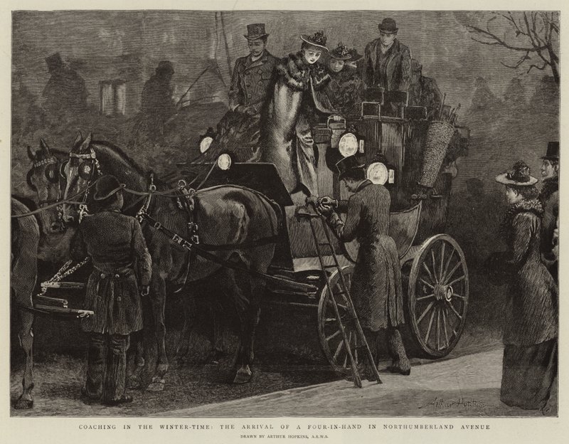 Koetsen in de wintertijd, de aankomst van een vierspan in Northumberland Avenue door Arthur Hopkins