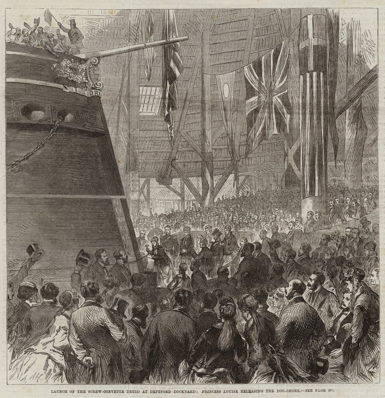 Tewaterlating van de schroefkorvet Druid in Deptford Dockyard, prinses Louise laat de Dog-Shore los door Arthur Hopkins