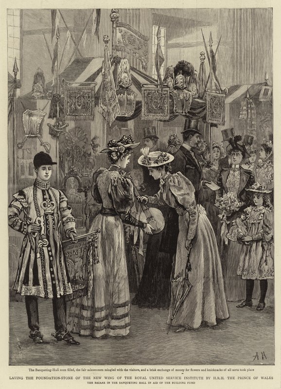Het leggen van de eerste steen van de nieuwe vleugel van het Royal United Service Institute door ZKH de Prins van Wales door Arthur Hopkins