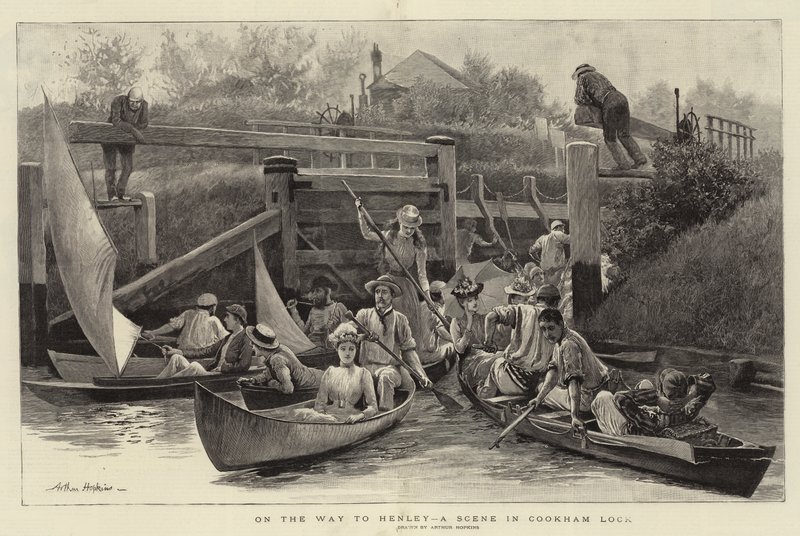 Op weg naar Henley, een scène in Cookham Lock door Arthur Hopkins