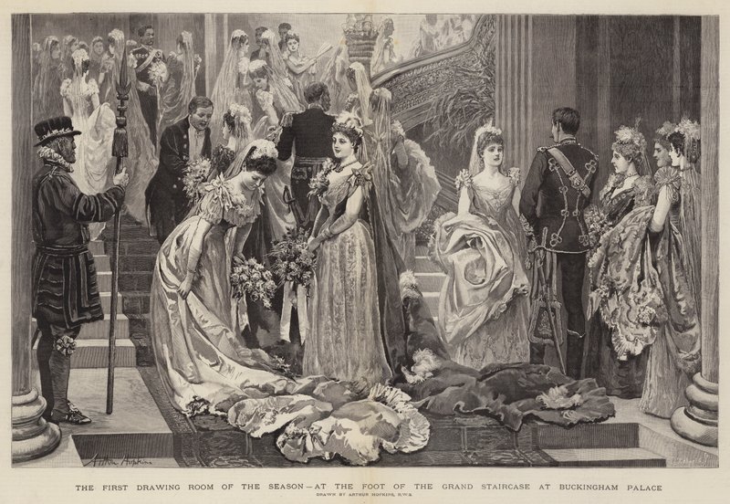 De eerste salon van het seizoen, aan de voet van de grote trap in Buckingham Palace door Arthur Hopkins