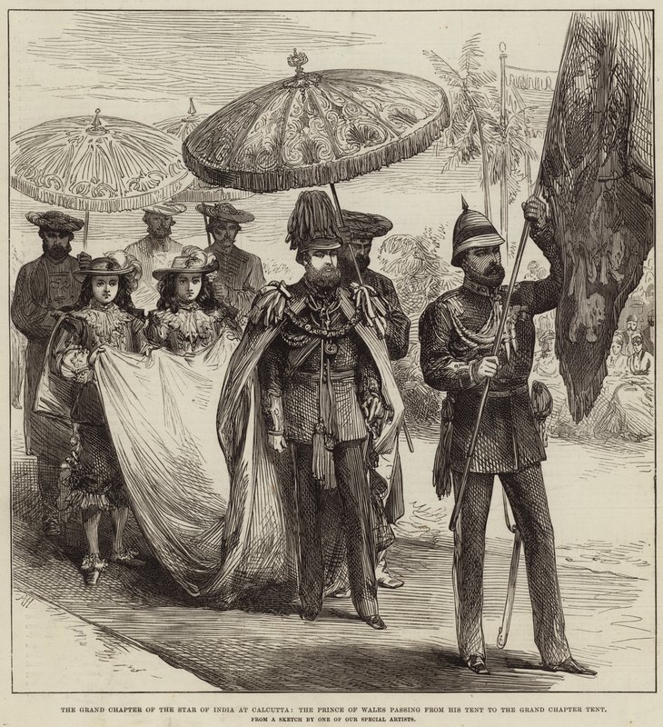 Het Grote Hoofdstuk van de Ster van India in Calcutta, de Prins van Wales die van zijn Tent naar de Grote Hoofdstuktent gaat door Arthur Hopkins