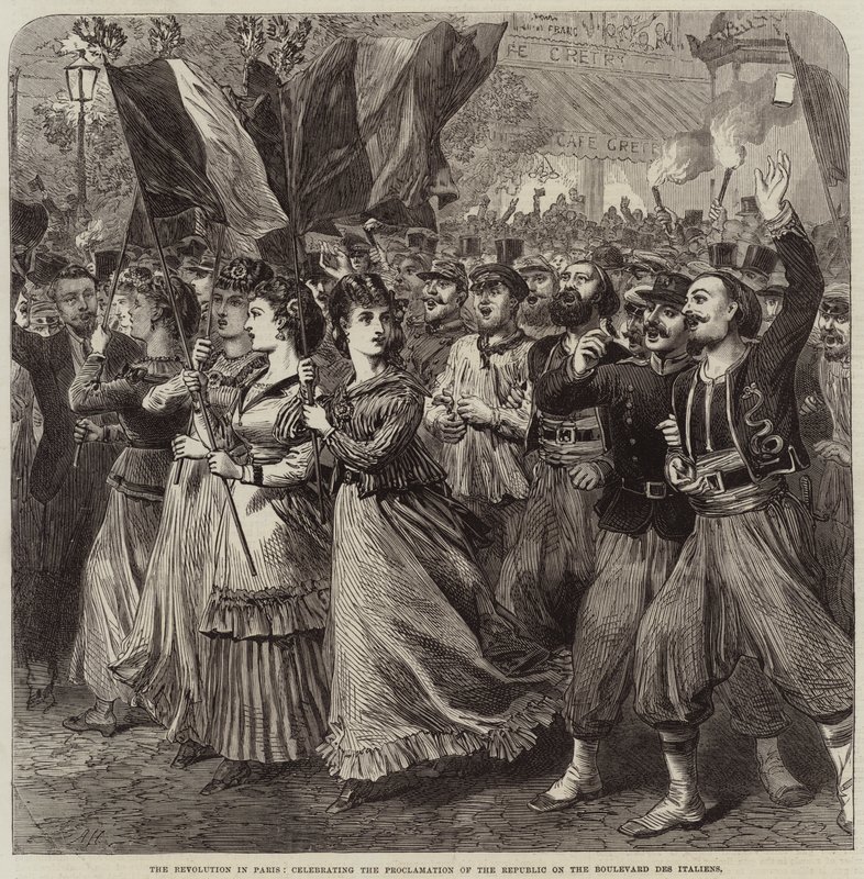 De revolutie in Parijs, viering van de proclamatie van de republiek op de Boulevard des Italiens door Arthur Hopkins