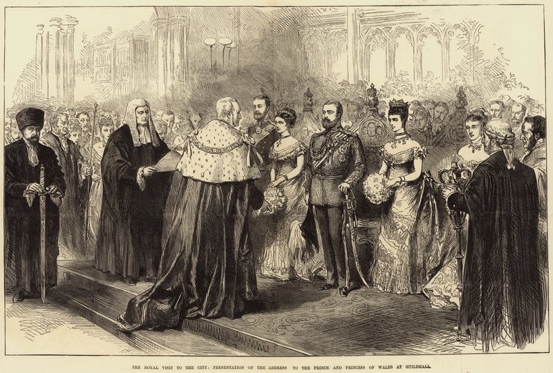 Het koninklijk bezoek aan de stad, presentatie van het adres aan de prins en prinses van Wales in Guildhall door Arthur Hopkins