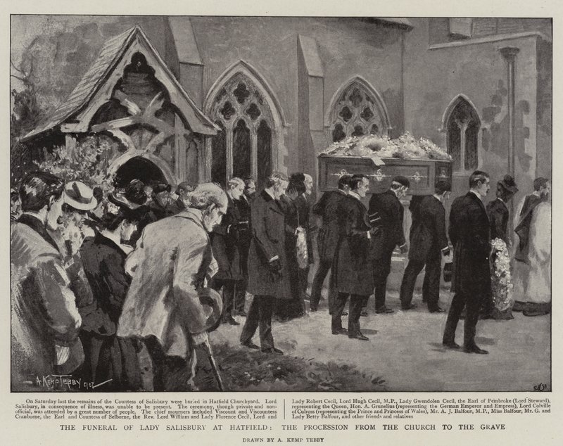 De Begrafenis van Lady Salisbury in Hatfield, de Processie van de Kerk naar het Graf door Arthur Kemp Tebby