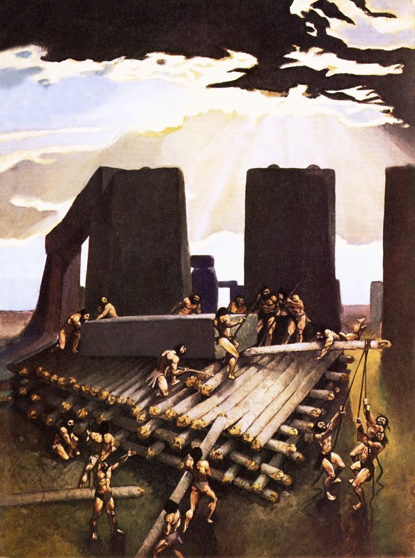 De bouw van Stonehenge, een verbeelding in 1978 door Arthur Ranson