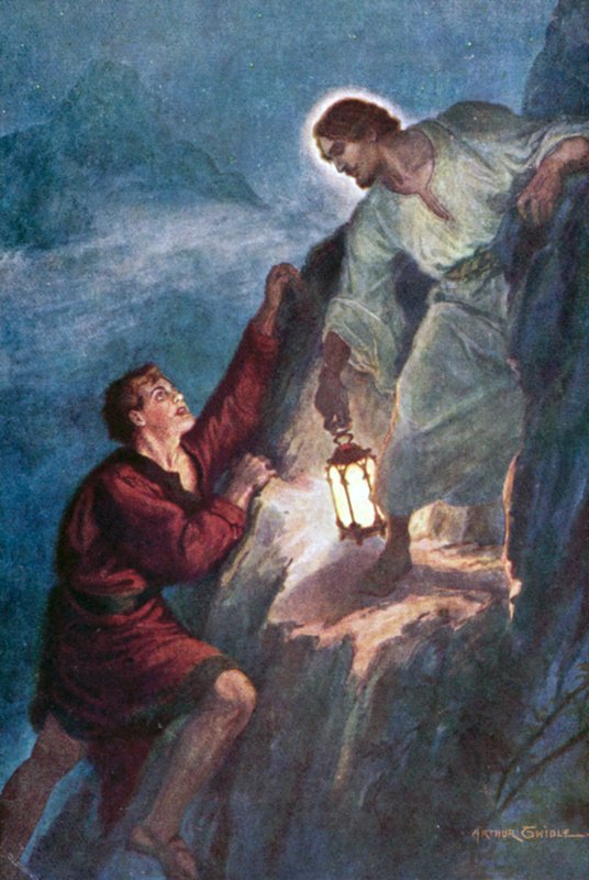 Jonge man die klimt, volgend het licht gehouden door Jezus Christus door Arthur Twidle