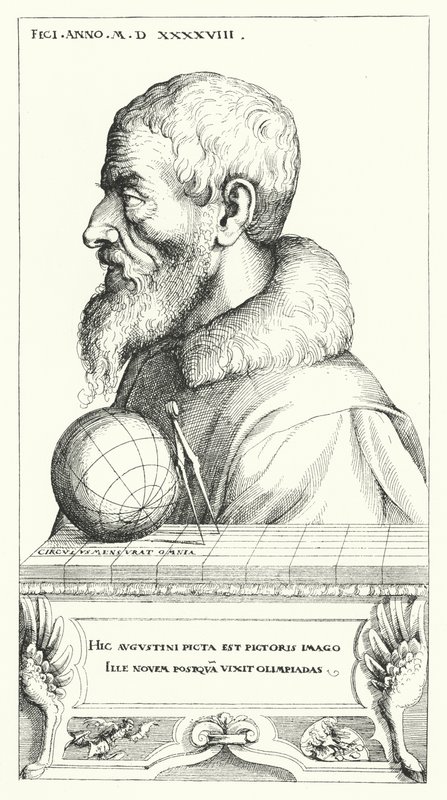 Zelfportret van Augustin Hirschvogel, Duitse kunstenaar, wiskundige en cartograaf (gravure) door Augustin Hirschvogel