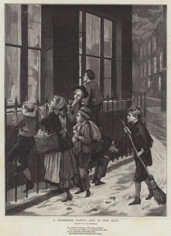 Een kerstfeest, buiten in de kou door Augustus Edward Mulready
