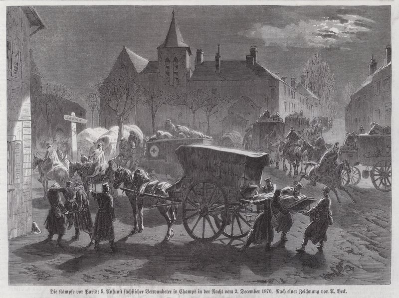 Aankomst van Saksische soldaten gewond in de gevechten buiten Parijs, Frans-Pruisische Oorlog, 2 december 1870 door Augustus J. Beck