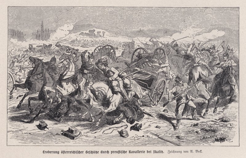 Oostenrijkse kanonnen veroverd door Pruisische cavalerie bij de Slag om Skalitz, Bohemen, Oostenrijks-Pruisische Oorlog door Augustus J. Beck